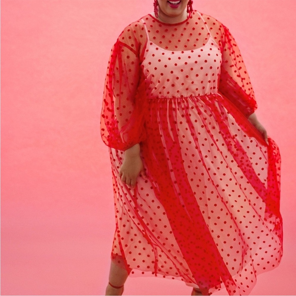 Red & Pink Sheer Polka Dot Dress with Puff Sleeves